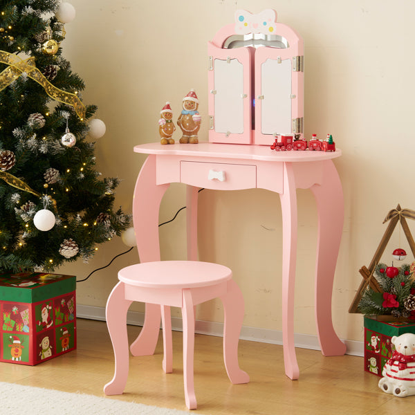 Kids Vanity Table And Chair Set, 2-in-1 Girls Vanity With Tri-Folding Mirror & 3-Color LED Lights, 1 Drawer, Pretend Play Makeup Dressing Princess Table For Toddlers, Pink