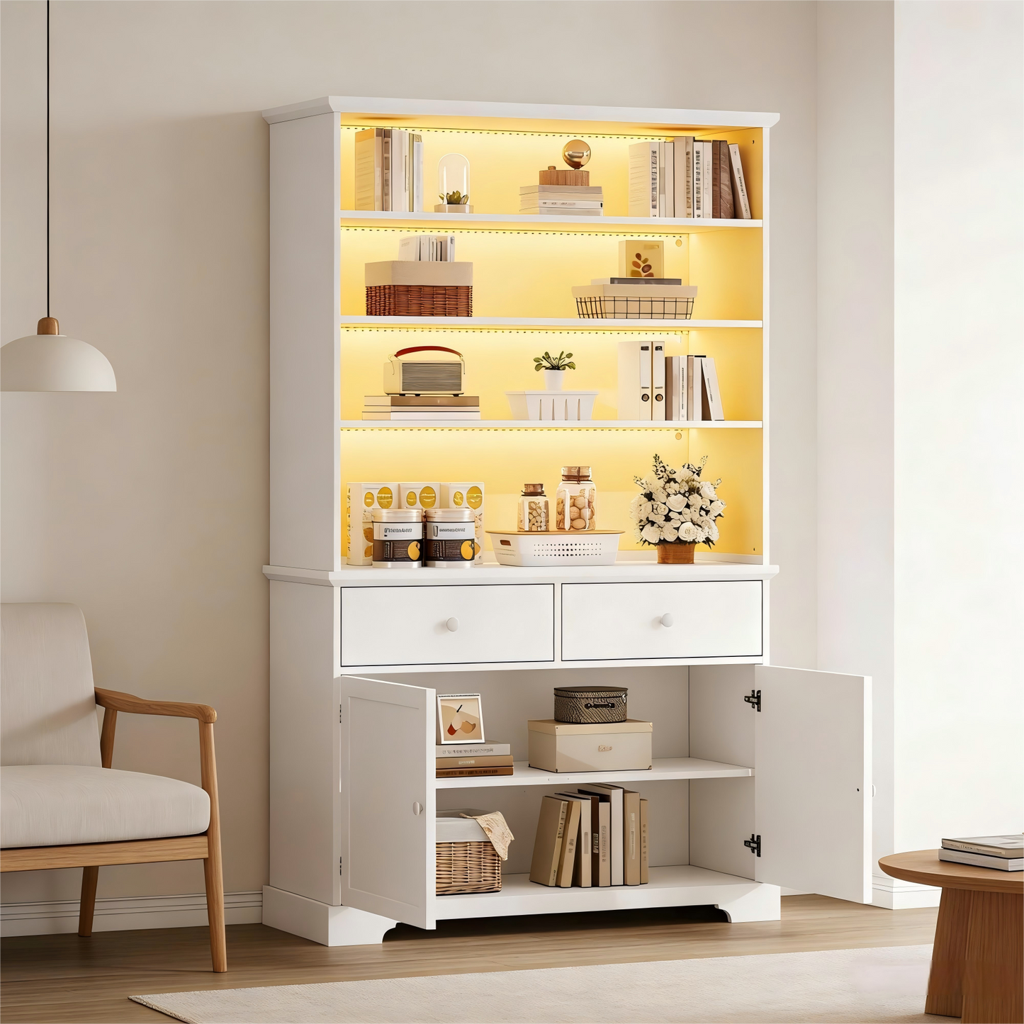 Display Cabinet, Freestanding Display Cabinet With 2 Cabinet Doors, Glass Display Cabinet With LED Lighting, Living Room Cabinet  Wide, Multifunctional Cabinet With 2 Drawers,