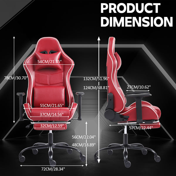 Computer Gaming Chairs For Adults, Ergonomic Computer Chair For Heavy People, Adjustable Lumbar Office Desk Chair With Footrest, 360degree-Swivel Seat PU Leather Gamer Chair, Red