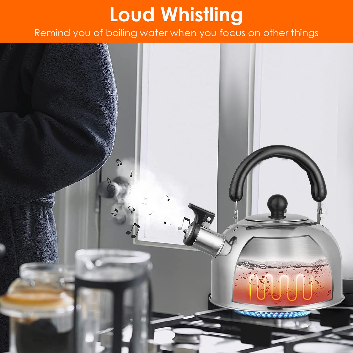 Multi-Use Whistling Tea Kettle 2 Liter, Anti-Corrosion Stainless Steel Water Kettle With Sealed Lid, Heat Resistant Handle For Home Office Camping