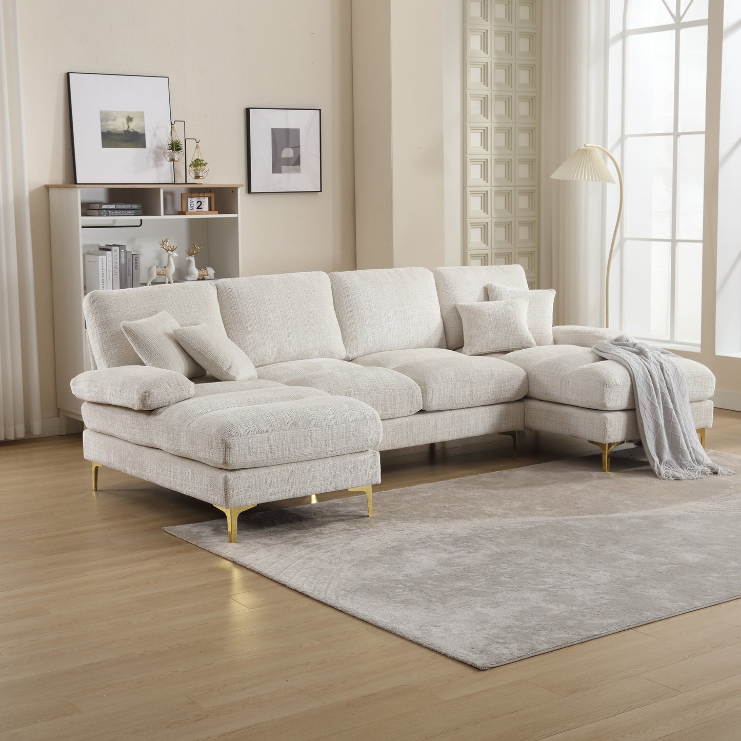 Old SKU W1880S00027 Modern Large Chenille U-Shape Sectional Sofa With Double Reclining Seats For Living Room Bedroom Office Apartment Villa Living Room Home By The Fireplace