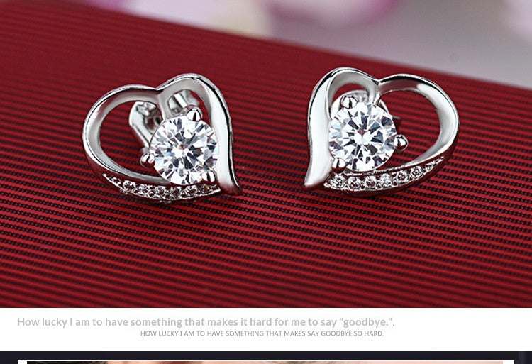 Heart-shaped Stud Earrings, Korean-style Fashionable Diamond-encrusted Womens Jewelry
