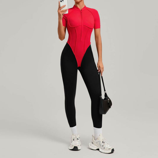 Womens Color Block Spliced Athletic Yoga Jumpsuit