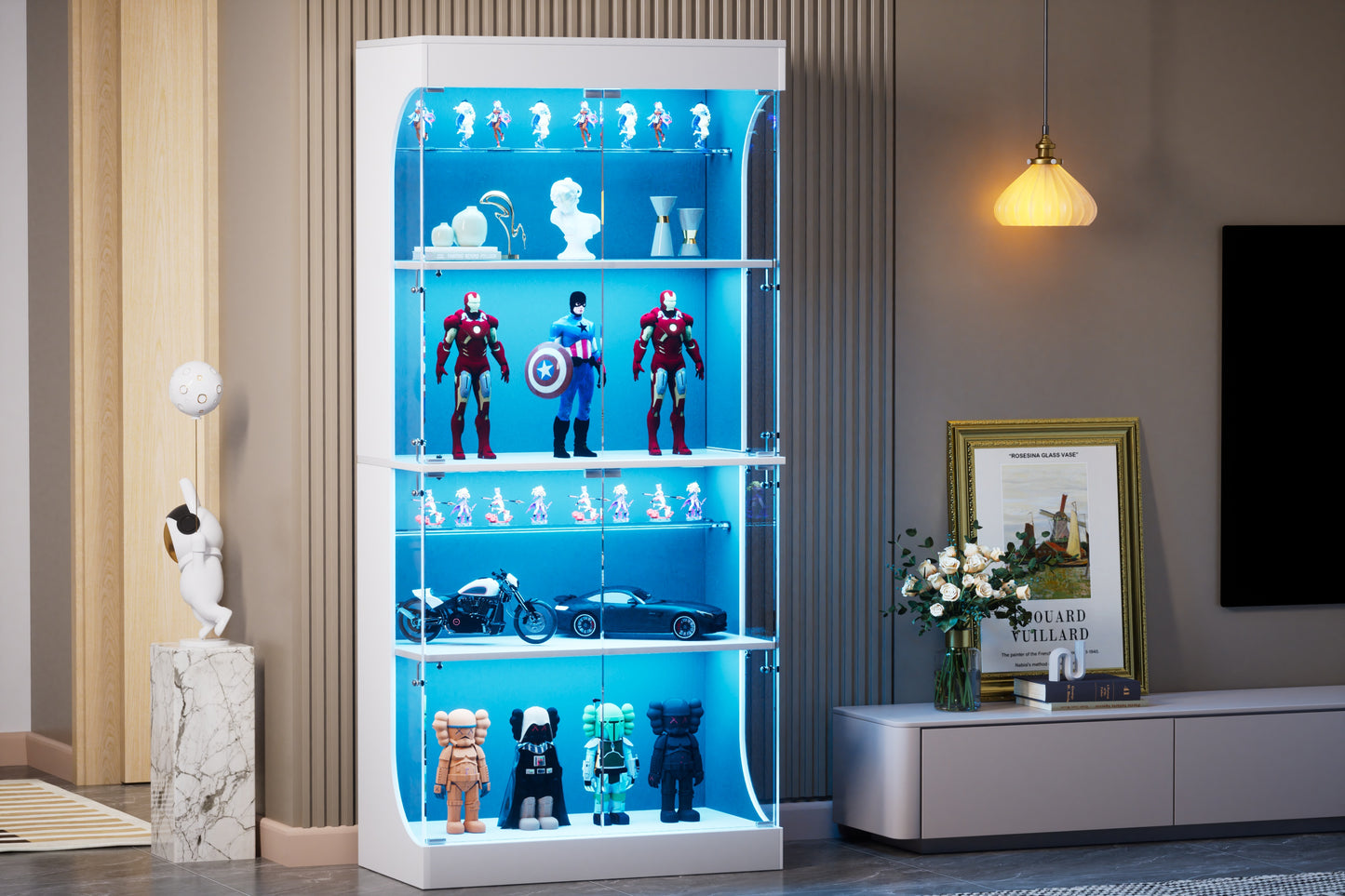 Four-storey Glass Display Case With Storage Space, LED Lighting, Glass Doors And Smart Sensors. Suitable As A Dustproof Glass Cabinet For Living Rooms, Bedrooms And Offices. White.80x35x165cm