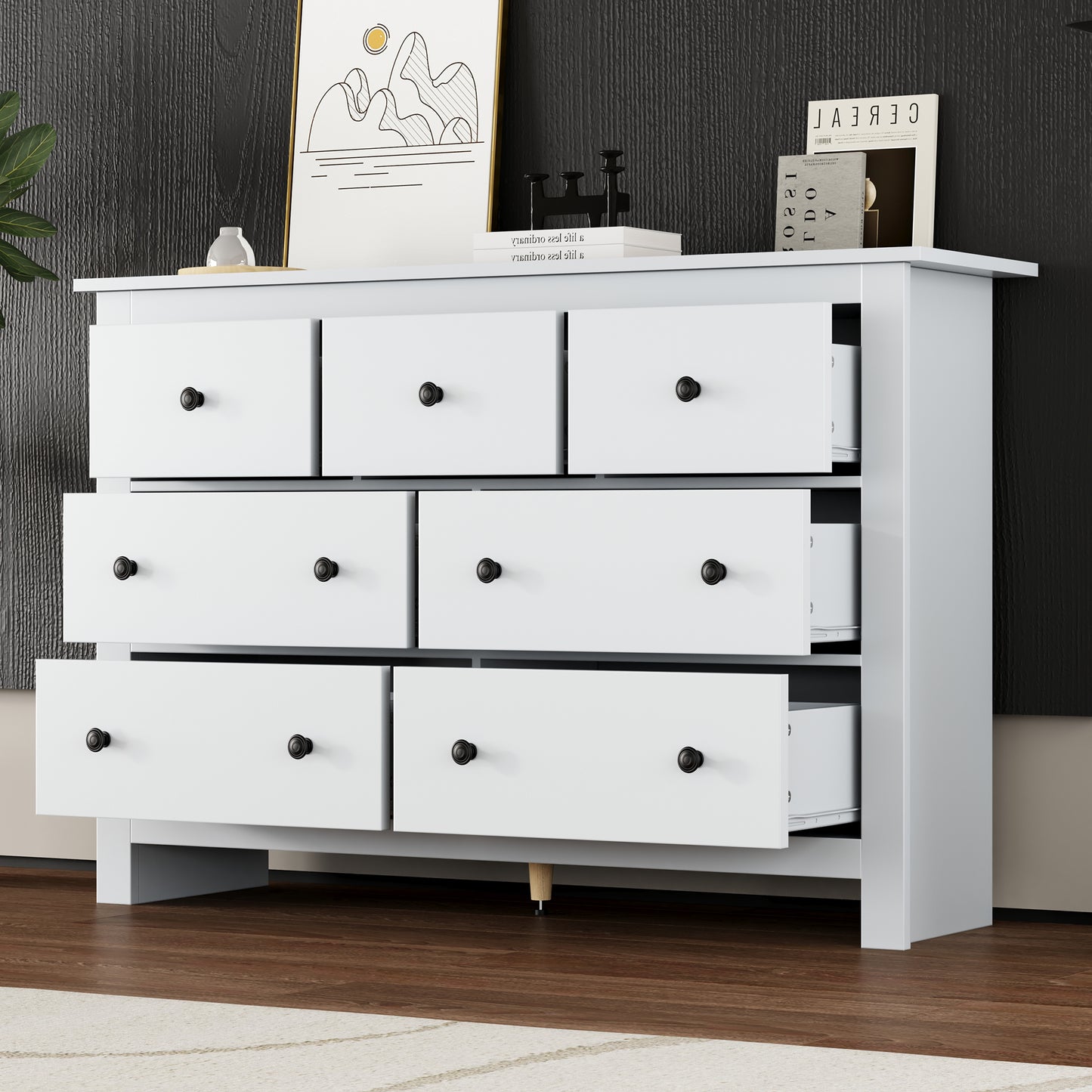 Modern Minimalist Large Capacity Dining Room Cabinet With Multiple Drawers, White Coffee Bar Cabinet With 7 Drawers For Entryway, Kitchen, Dining Room And Living Room