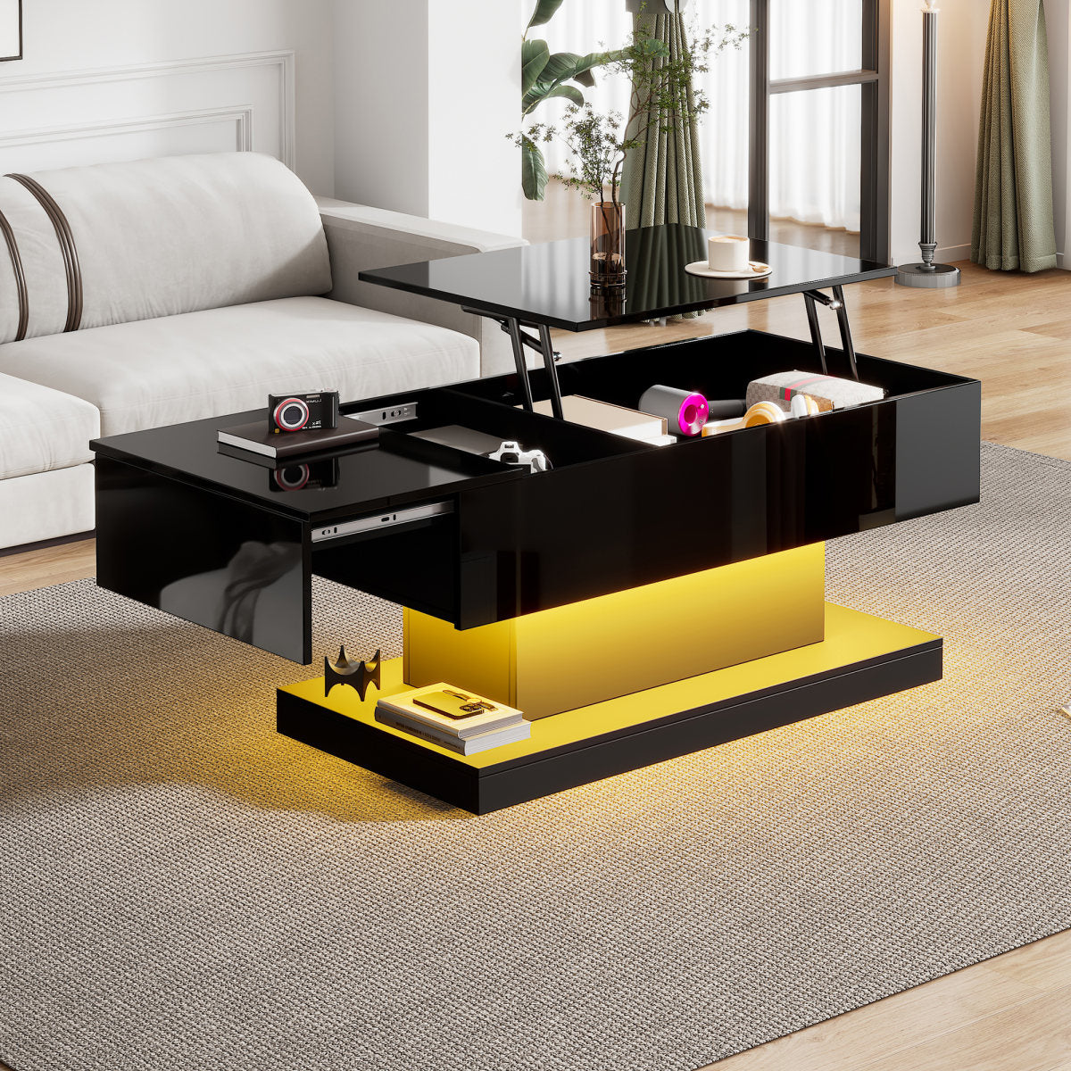High Gloss Lift Tea Table LED Coffee Tables Coffee Table 100x50x45 Cm With LED Lighting -Semi-Liftable Table Top And Sideways Sliding Design, Hydraulic Lift And Storage