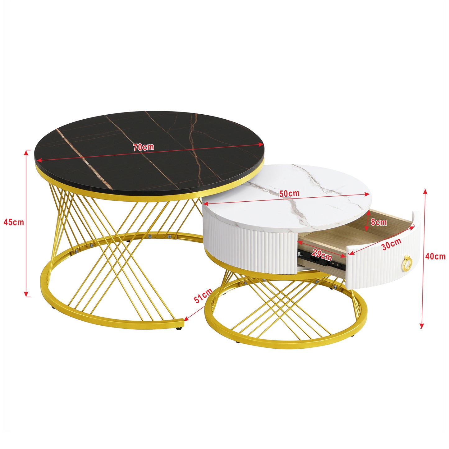 Elegant Composable Coffee Table  Marble Effect, Gold Decor, Side Table With Drawers - Set Of 2