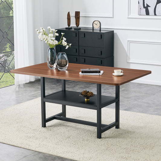 Rectangular Dining Table In Industrial Design In Walnut Colour, 160x90x76 Cm, For 4-6 People, With Multifunctional Storage Shelf And Black Metal Legs. Suitable For Living Room, Kitchen And Dining Area