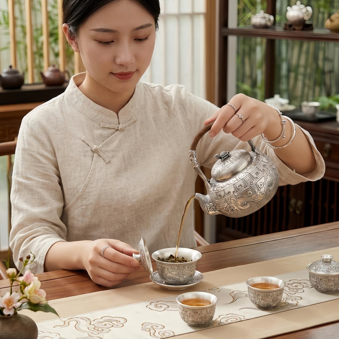 Pure 999 Fine Silver Ornate Handcrafted Silver Tea Kettle Featuring Mythical Dragon Turtle and Traditional Taotie Motifs - Handicraft