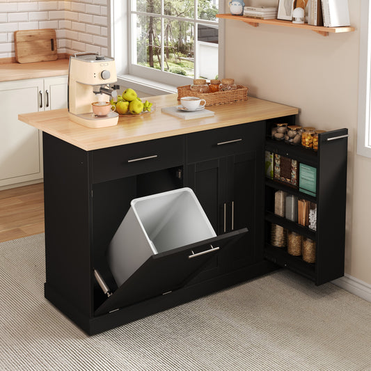 Kitchen Island On Wheels With Folding Worktop, Kitchen Trolley With Garbage Cabinet, 4-tier Spice Rack, 2 Drawers And Lockable Castors, 120 X45  X 93 Cm