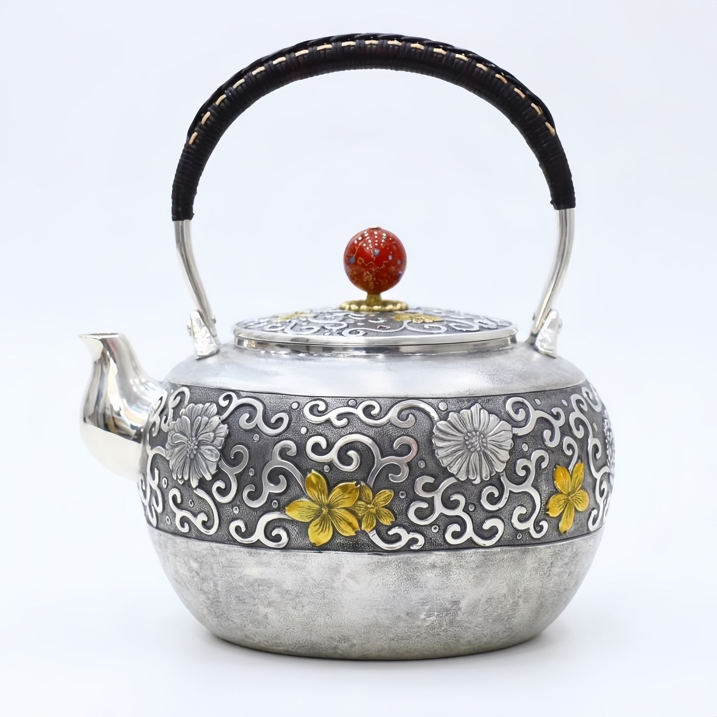 925 Sterling Silver Handcrafted Silver Tea Kettle with Ornate Floral Carvings and Red Marble Accents - Handicraft