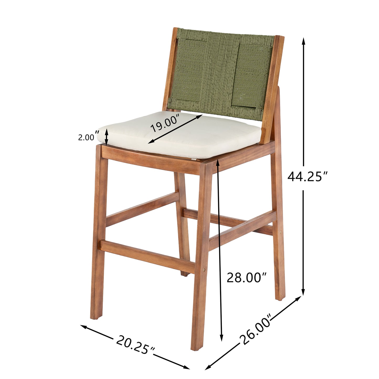 Outdoor Acacia Wood Bar Stools  Set Of 2 , Teak Finish Bar Height Chairs With Cream Cushion & Green Wicker Back, Counter Height Stools For Patio, Poolside, Kitchen Island