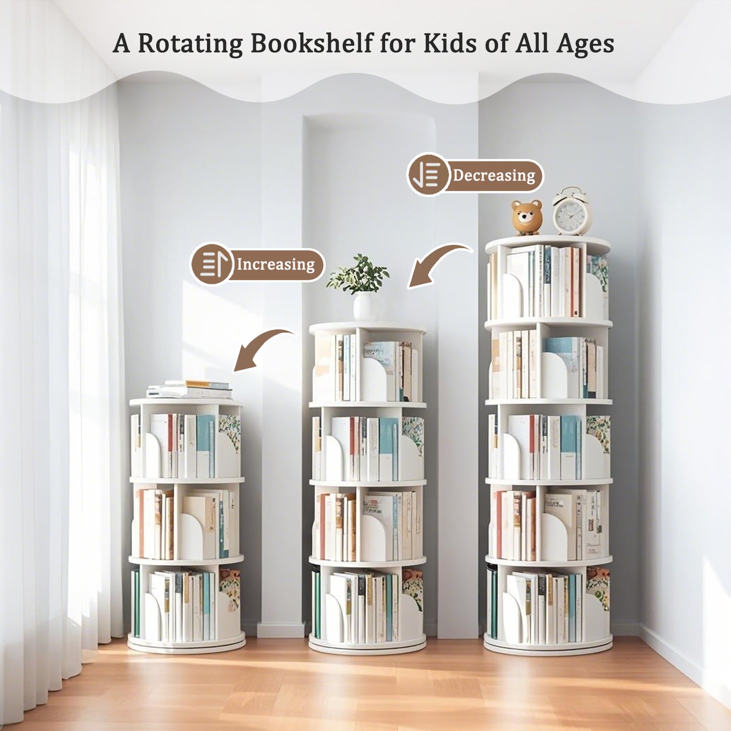 5 Tier Rotating Bookshelf,   Display Round Spinning Bookshelf, Space-Saving, Small Space Rotating Bookshelf Tower For Bedroom, Living Room, Home, Office, Warm White