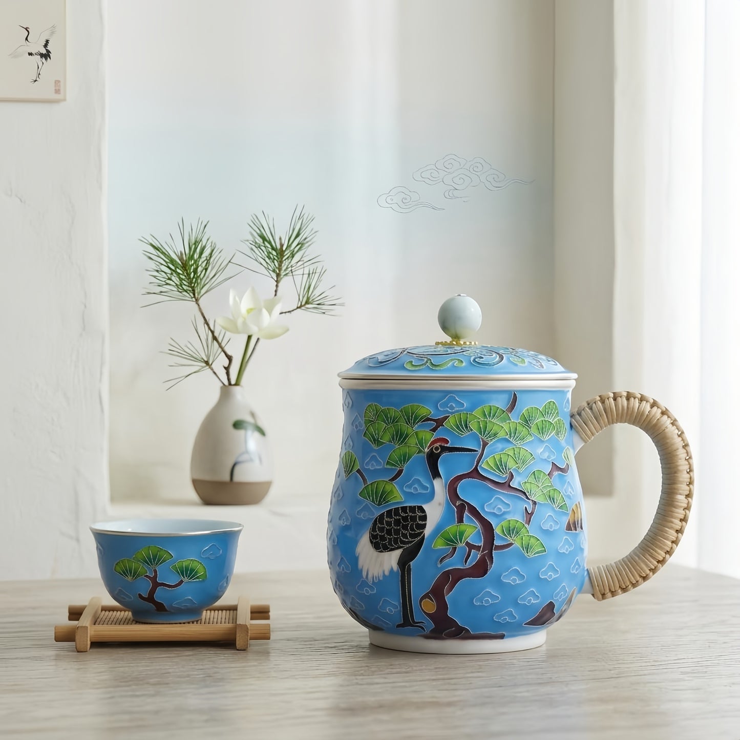 925 Sterling Silver Hand-Painted Blue Cloisonné Crane and Pine Tree Tea Mug with Rattan Handle - Handicraft