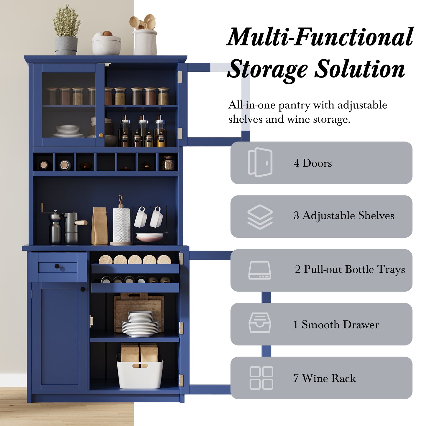 TOPMAx Farmhouse 35.4x17.7x74.8inch Freestanding Buffet With Hutch  Tall Kitchen Pantry Storage Cabinet With Wine Rack And Adjustable Shelves For Dining Room  Blue