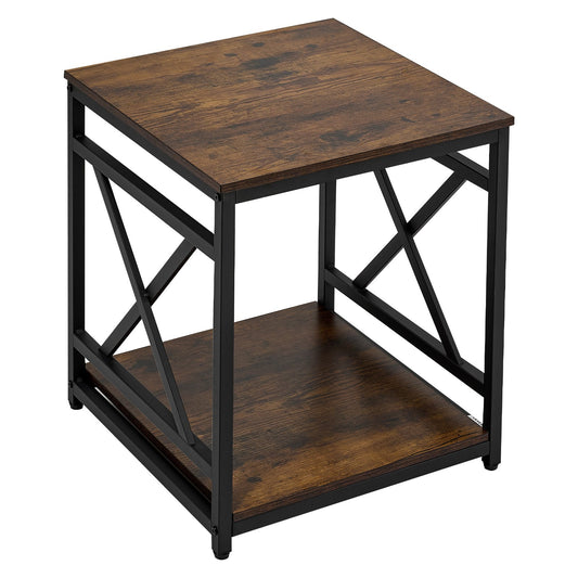 End Table, 2-Tier Square Side Table With Open Storage Shelves, Modern Nightstand Bedside Desk With X-Design Metal Frame, Wood Sofa Coffee Desk For Living Room, Bedroom, Office, Dorm, Brown