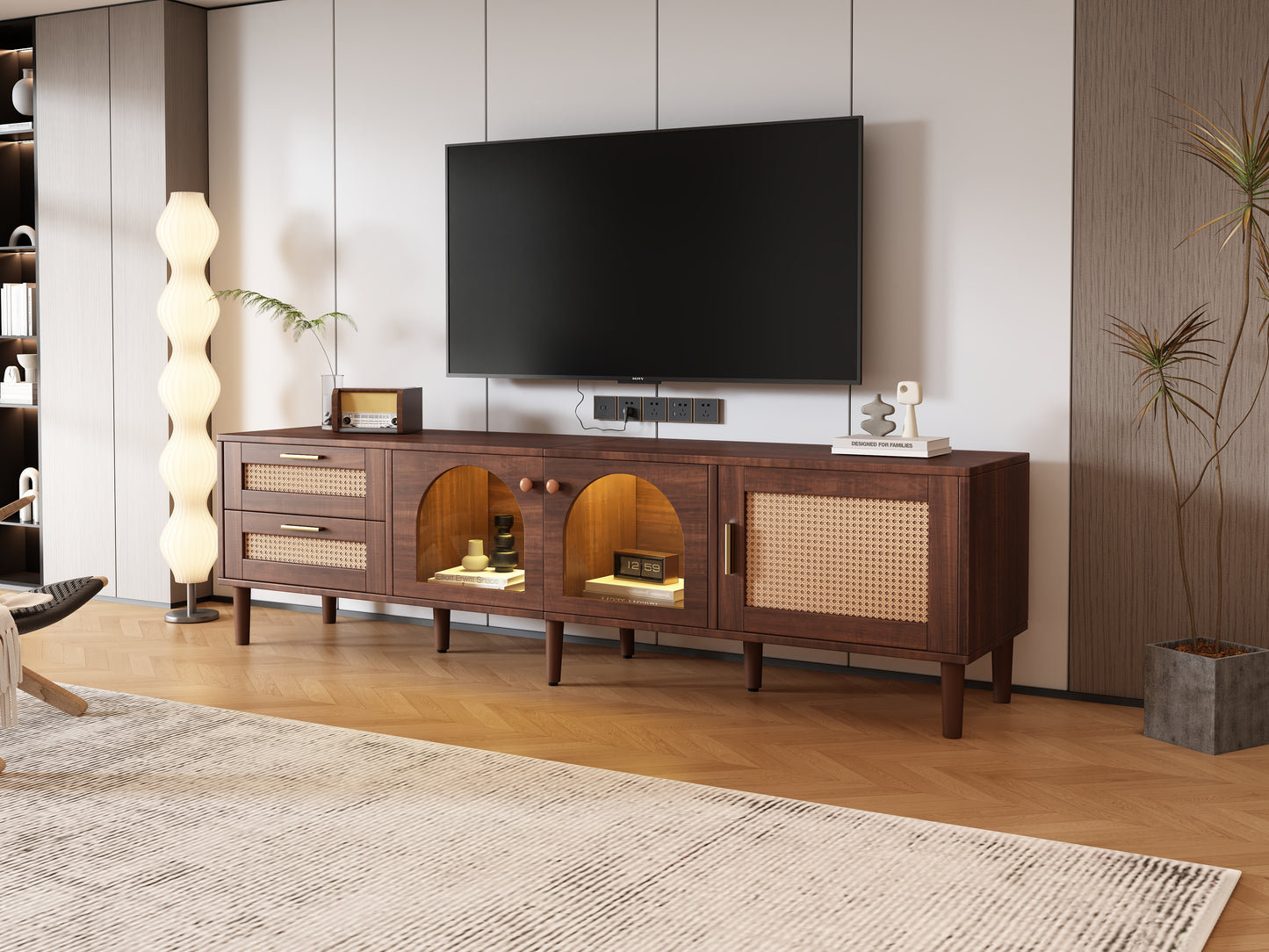 180cm Brown TV Cabinet For 80 TV  With 2 Rattan Drawers, 2 Arched Glass Doors And 1 Rattan Door, LED Lighting, Provides Stylish Storage, TV Board
