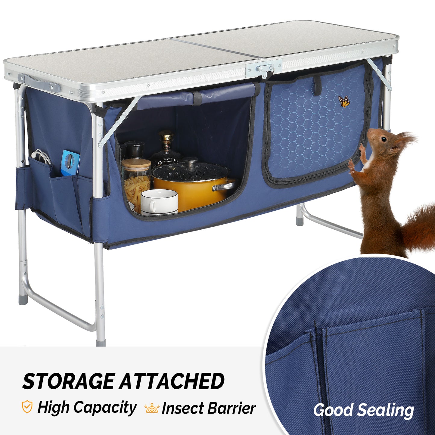 4ft Aluminum Folding Camping Table With 2 Large Storage Compartments, Portable Outdoor Picnic BBQ Buffet Serving Table