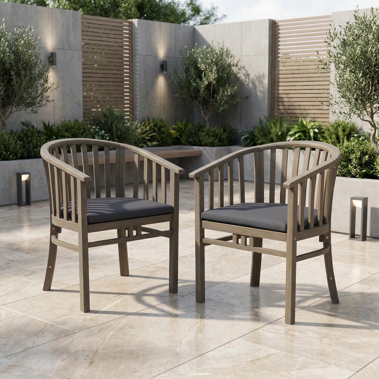 Outdoor Wooden Dining Chairs With Cushions, Set Of 2, Dark Grey,Grey Finish