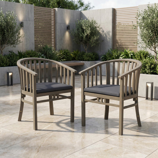Outdoor Wooden Dining Chairs With Cushions, Set Of 2, Dark Grey,Grey Finish