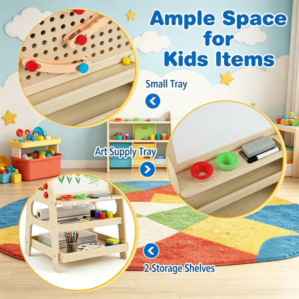 2-in-1 Wooden Kids Art Easel With Marble Run, Magnetic Whiteboard Standing Easel With Storage Shelves & Accessories For Kids 3-