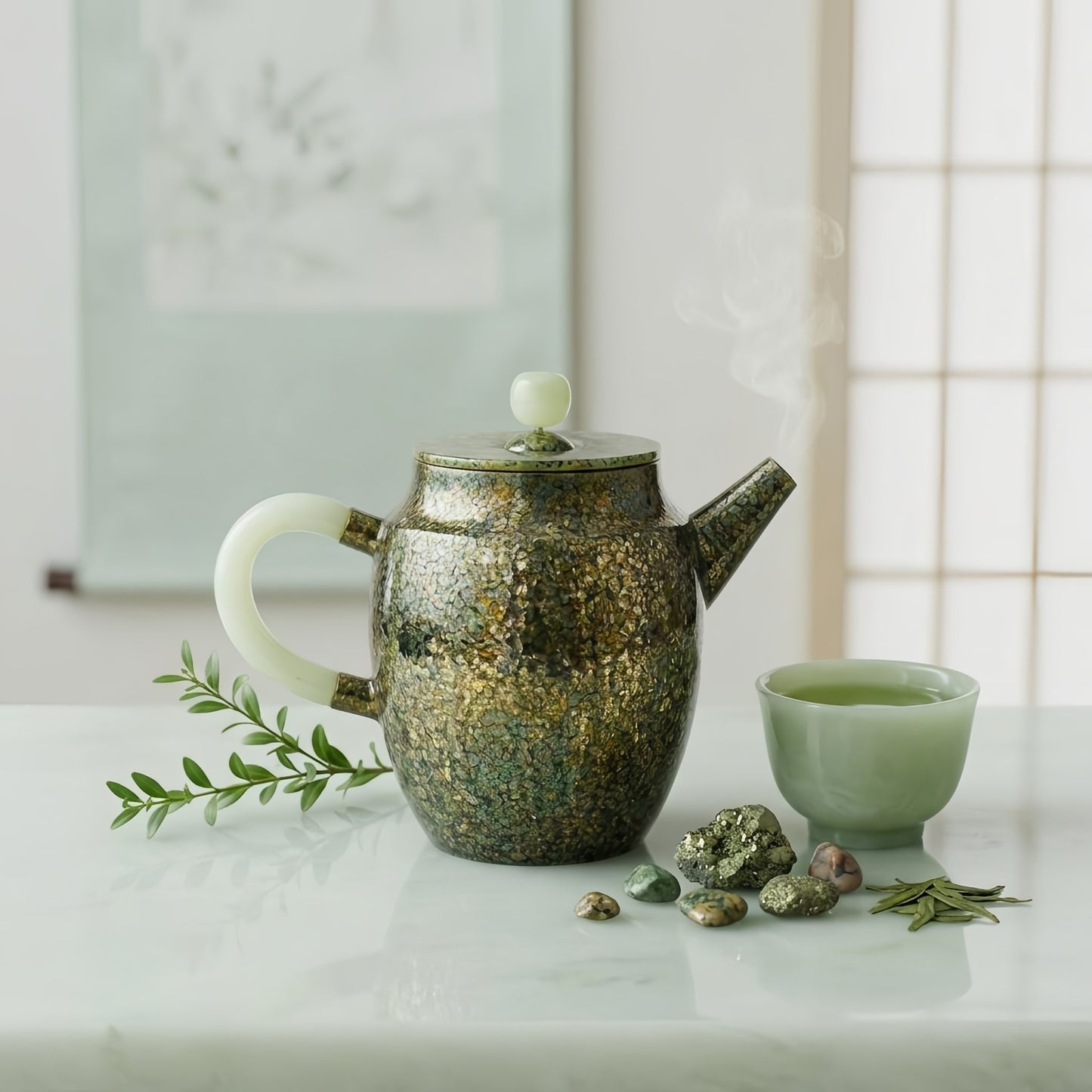 925 Sterling Silver Luxurious Mosaic Teapot with Jade-Inspired Handle and Shimmering Textured Body - Handicraft