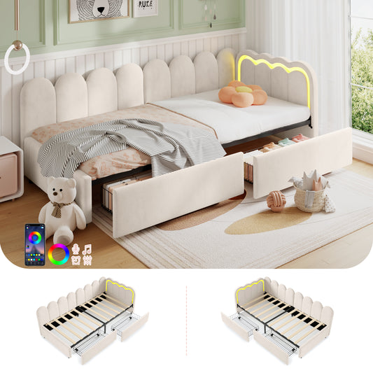 3ft Single Daybed With Smart RGB LED Lights And 2 Storage Drawers, Modern Velvet Youth Bed With Scalloped Backrest And Wooden Slats, Reversible Side Panel, Easy Assembly, Beige  No Mattress