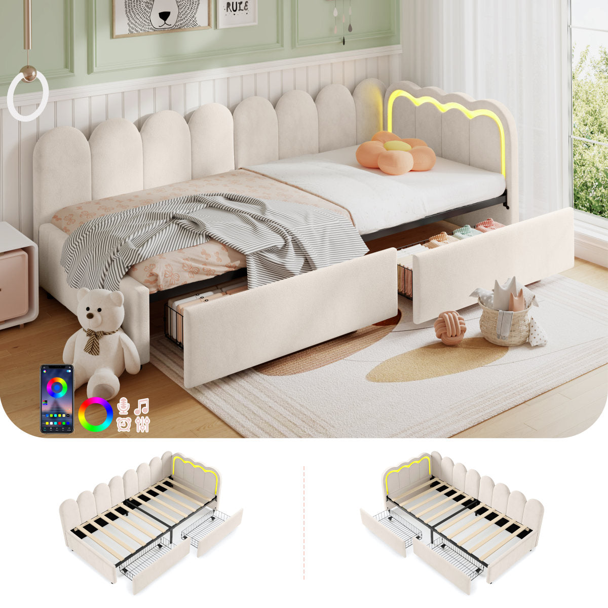 3ft Single Daybed With Smart RGB LED Lights And 2 Storage Drawers, Modern Velvet Youth Bed With Scalloped Backrest And Wooden Slats, Reversible Side Panel, Easy Assembly, Beige  No Mattress