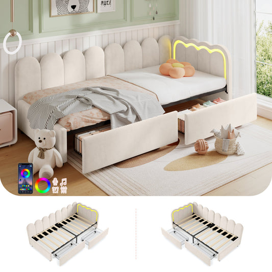 3ft Single Daybed With Smart RGB LED Lights And 2 Storage Drawers, Modern Velvet Youth Bed With Scalloped Backrest And Wooden Slats, Reversible Side Panel, Easy Assembly, Beige  No Mattress