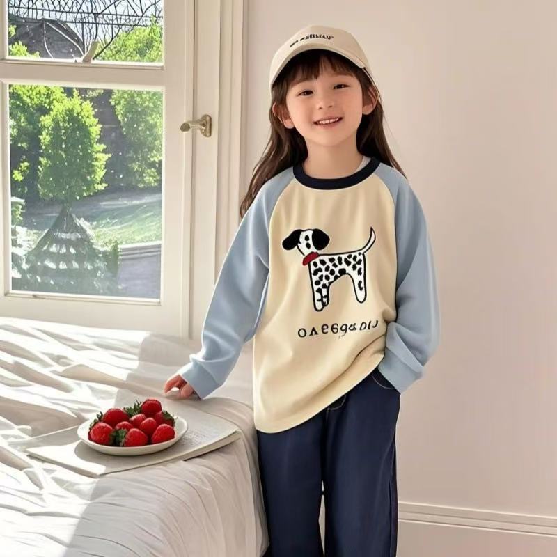 Girls' Cotton Top, Korean-Style Color-Block Raglan Long-Sleeve T-Shirt