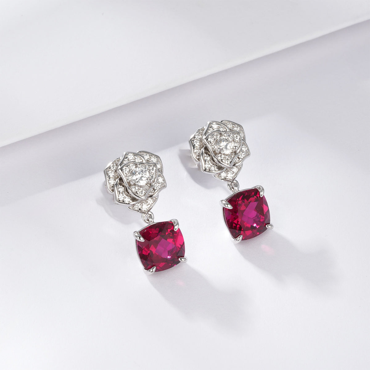 S925 Sterling Silver Rose Drop Earrings, 8mm 6ct Lab-Grown Ruby Sapphire Emerald, Platinum Plated 5g Women's Jewelry Gift Box