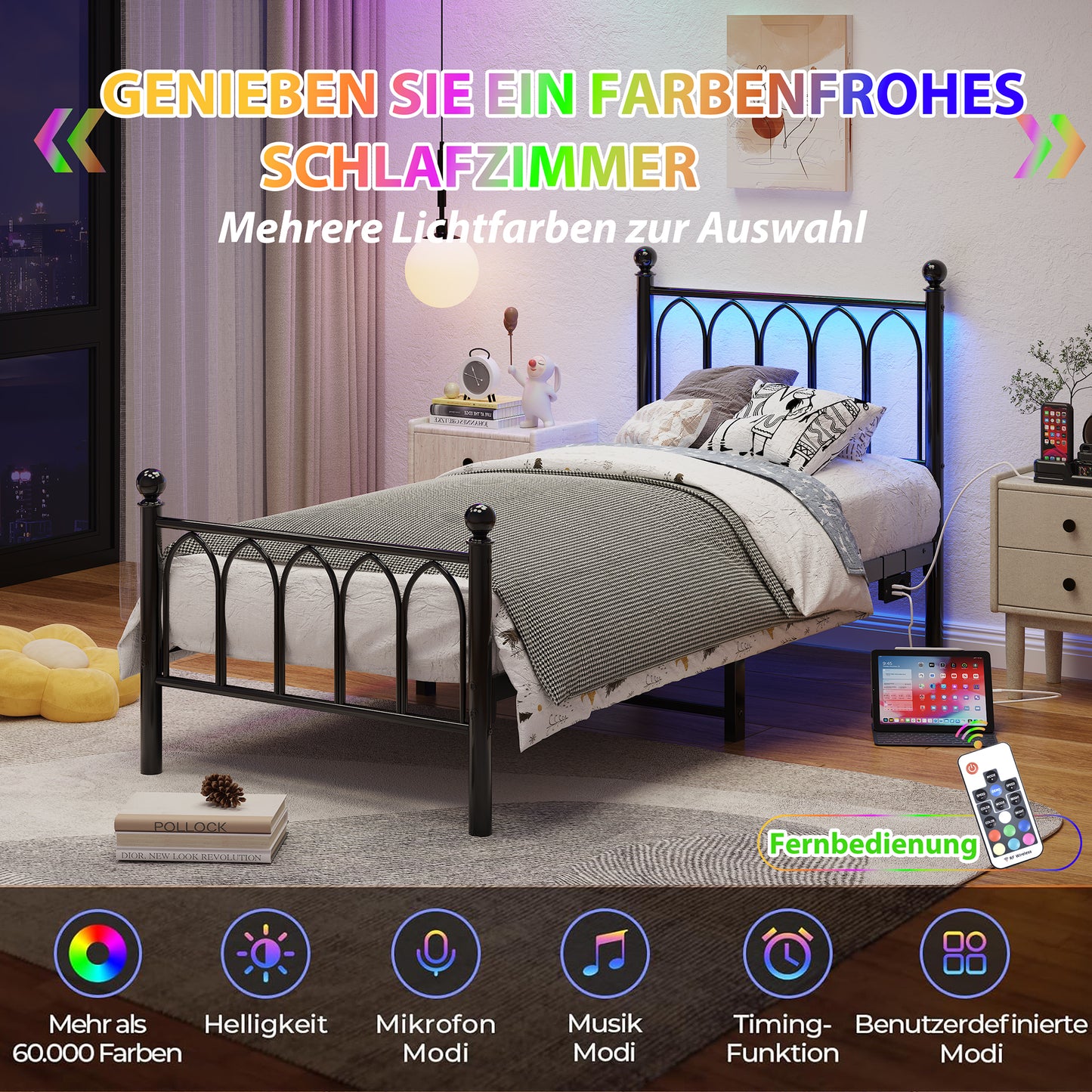 90x200cm Metal Bed Frame With Vintage Head And Footplate, USB Charging Station, LED Bed Frame, Heavy Duty Steel Slat Support, Range Underbed Storage, No Box Spring Required, Black