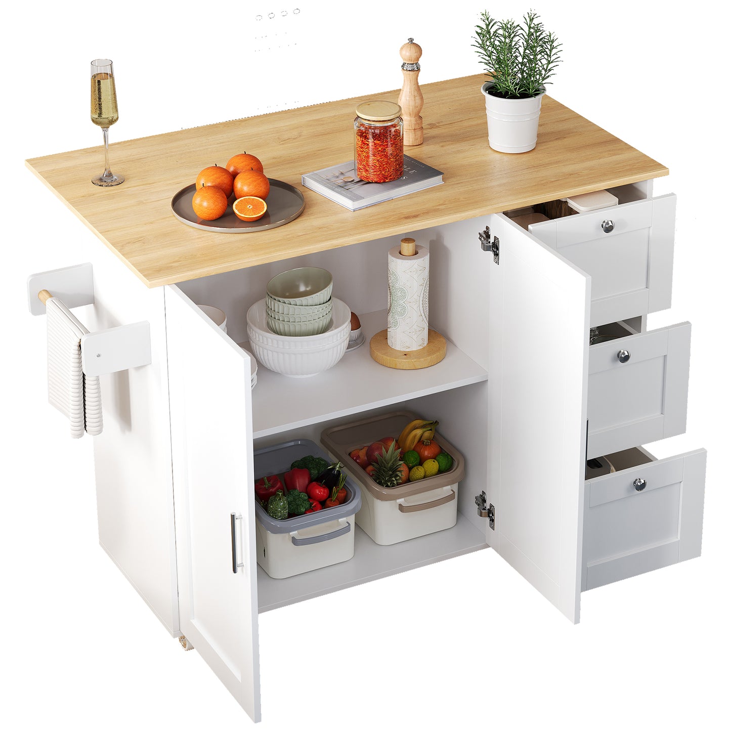 L135XW44XH90cm Large Mobile Kitchen Table, Oak Countertop, Folding Design, Multifunctional Cabinet, 3 Drawers, Towel Rail, Suitable For Kitchen, Dining Room, Home