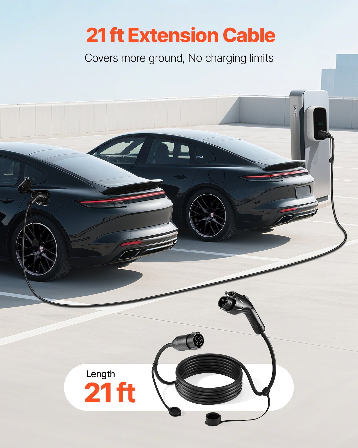 EV Charger Extension Cable, 40Amp 21 Ft J1772 Extension Cord Compatible With 120V-240V SAE J1772 Electric Vehicle Chargers, Level 1/Level 2 IP66 Heavy Duty Car Charging Cable With Carrying Bag