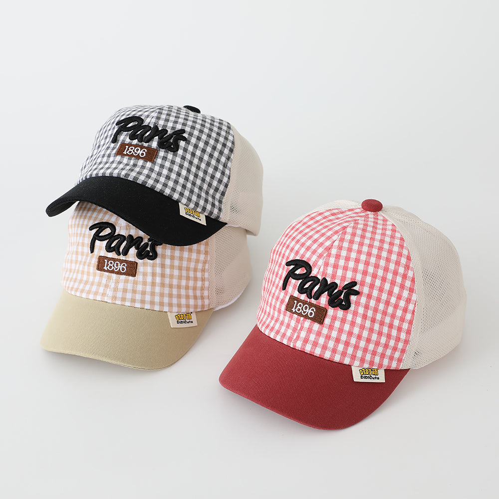 Summer Boys And Girls' Checkered Mesh Paris Letter-patterned Breathable Baseball Cap For Outdoor Outings, Sun Protection, Children's Hat