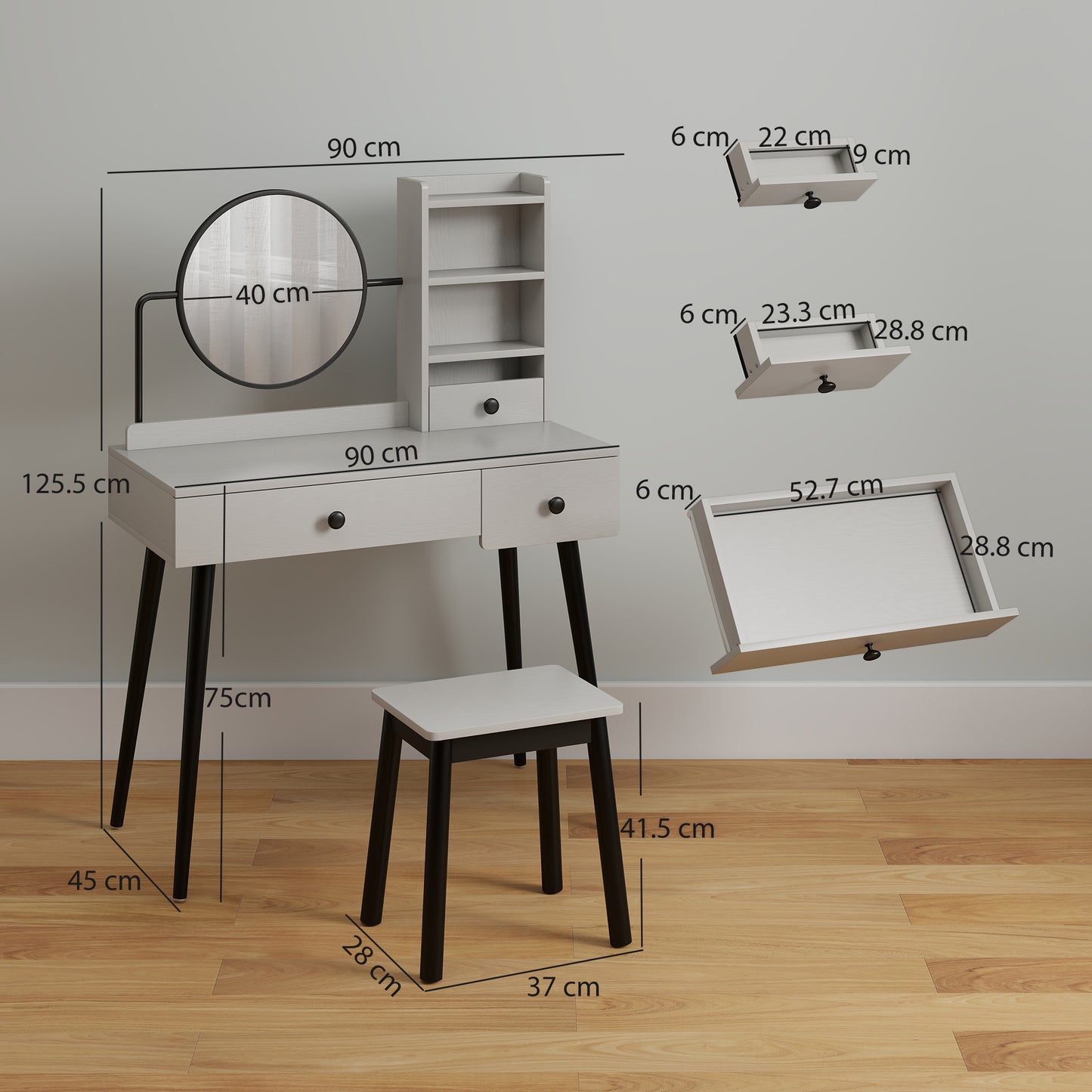 Dressing Table Set With Mirror And Stool, Vanity Makeup Table With 3 Drawers And Open Shelves For Bedroom, Living Room, Grey