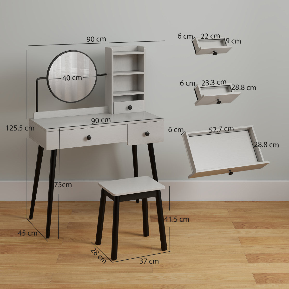 Dressing Table Set With Mirror And Stool, Vanity Makeup Table With 3 Drawers And Open Shelves For Bedroom, Living Room, Grey