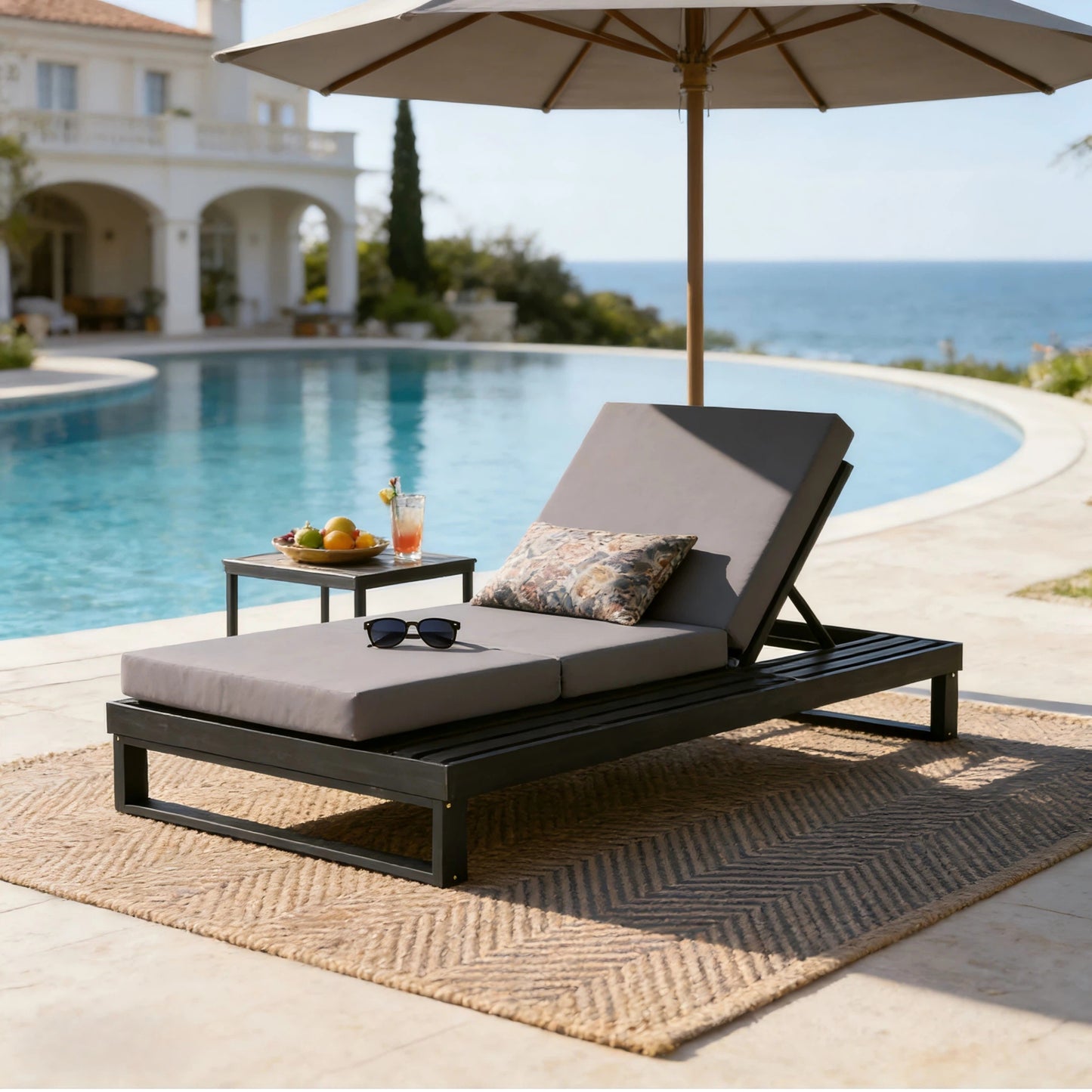 Black Acacia Wood Chaise Lounge With 4-Inch Dark Grey 3-Fold Cushion Set, 4-Position Adjustable Outdoor Patio Lounger With Flat Side Surface, For Poolside- Matching Cream Version Available