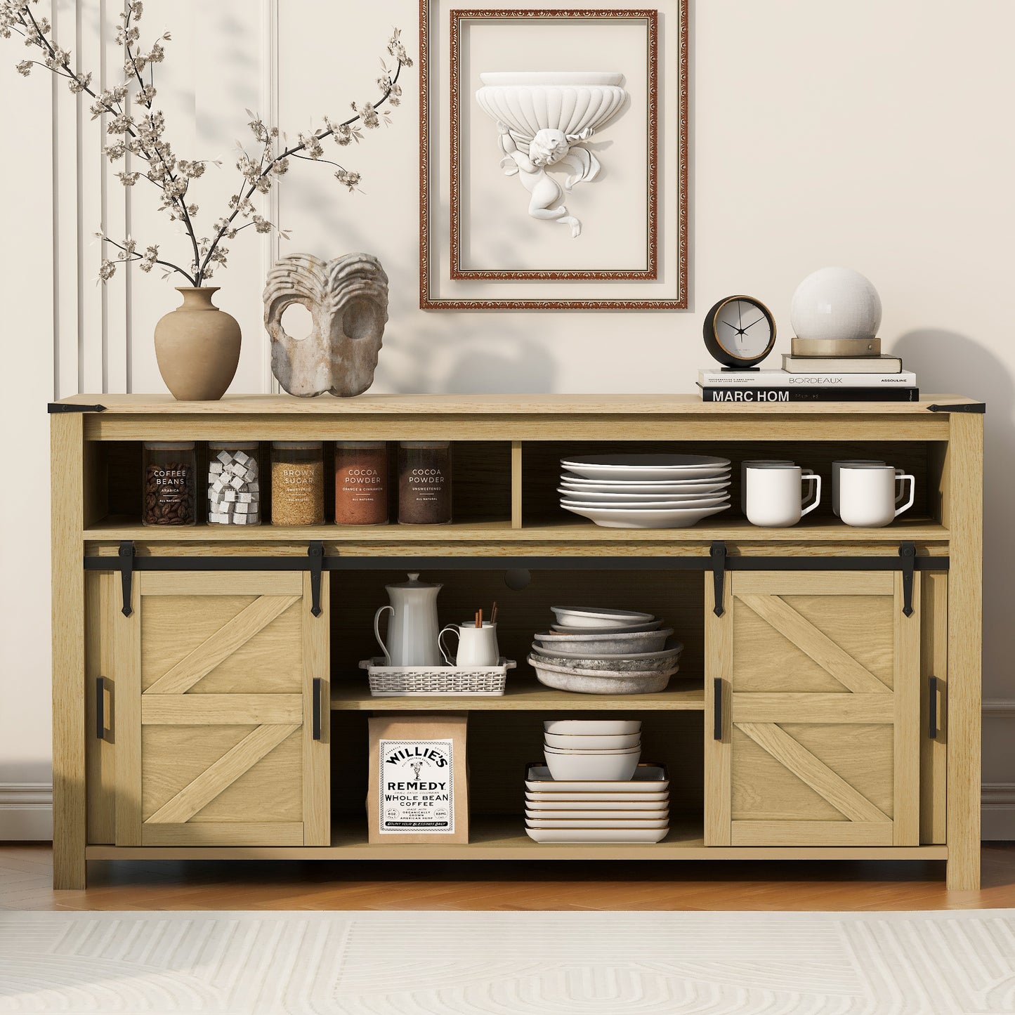 U-STYLE 59.3 Sideboard With Sliding Barn Door And Mesh Panels Farmhouse Buffet With Open Storage Suitable For Living Room  Hallway  Balcony Kitchen  Office