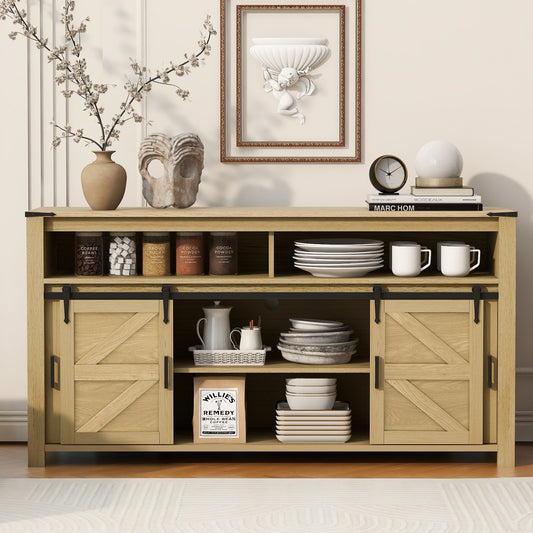 U-STYLE 59.3 Sideboard With Sliding Barn Door And Mesh Panels Farmhouse Buffet With Open Storage Suitable For Living Room  Hallway  Balcony Kitchen  Office