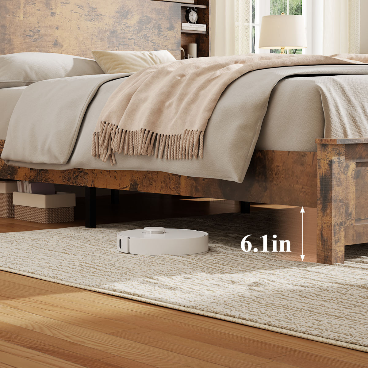 King Wood Bed Frame With Bookcase Headboard, Charging Station & LED, Dark Brown
