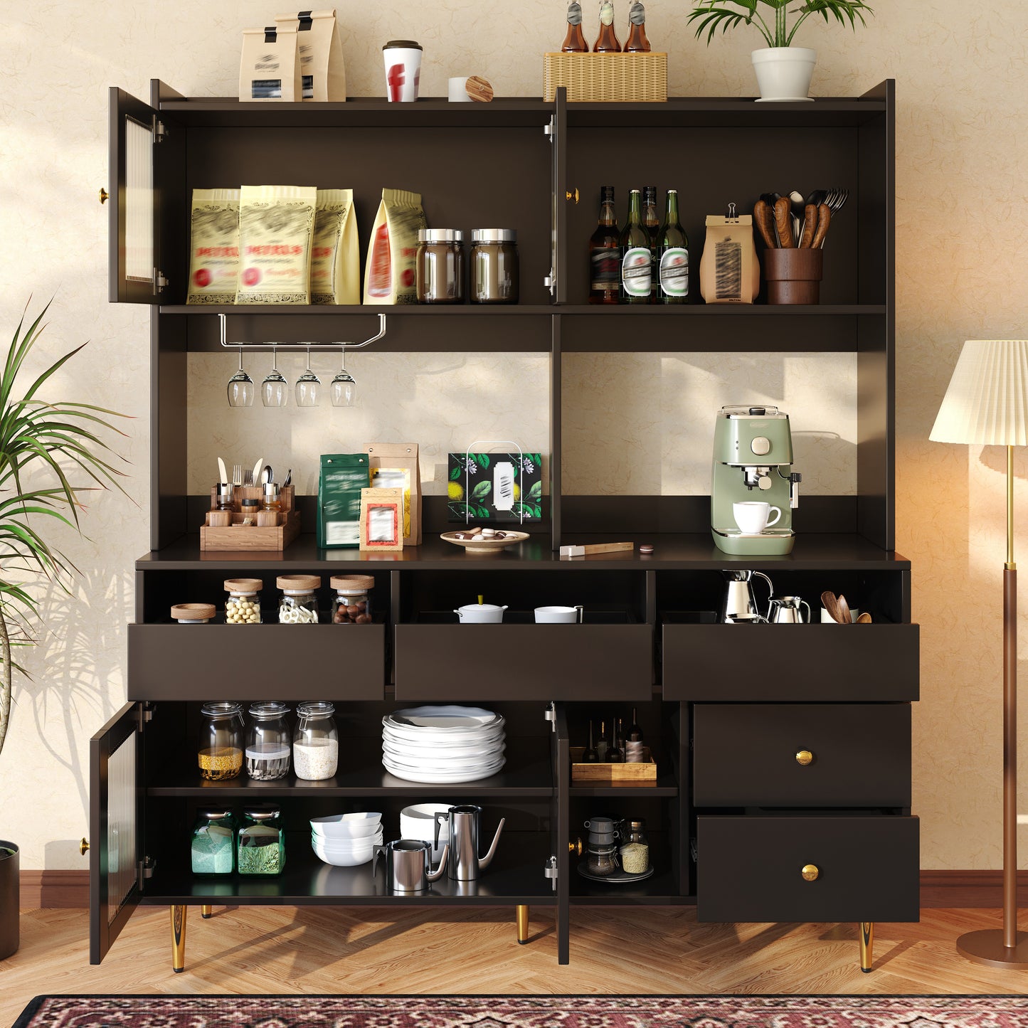Tall Dining Room Cabinet  145 X 39 X 171 Cm  With Perforated Glass Doors, Wine Glass Shelf, Multi-tiered Storage Space, Elegant Black With Gold Decor, Suitable For Use In The Dining Room  Previous Sku
