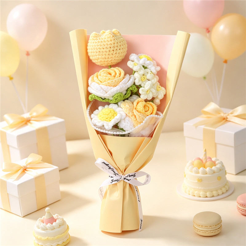 Handmade Crocheted Flower Bouquet, Pale Yellow Tulips And Roses Paired With Daisies, Soft Yarn Everlasting Knitted Bouquet, Indoor Home Decorative Ornament