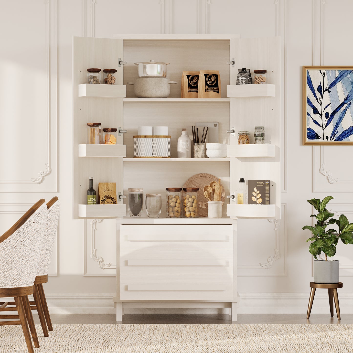 70  Kitchen Pantry Cabinet With 2 Cabinet Shelves,Luxurious Wooden Cupboard With 6 Door Shelves And 3 Drawers For Kitchen, Dining Room,White