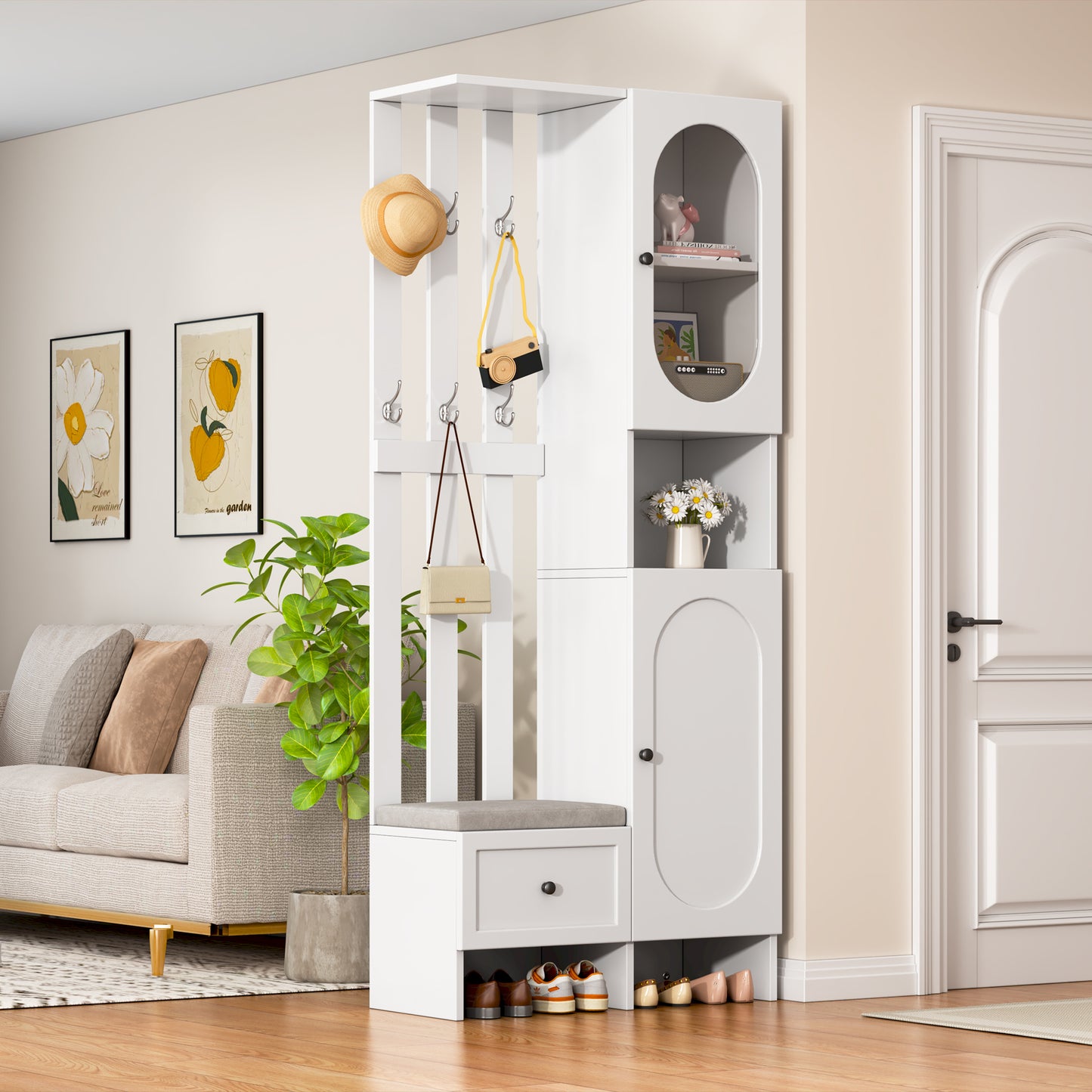 85x33.5x200cm Compact Wardrobes,Home Furniture With 2 Cabinets,Tempered Glass Storage Cabinet, Wardrobe Set White Entrance Cabinet, Coat Rack With Shoe Bench And Upholstery