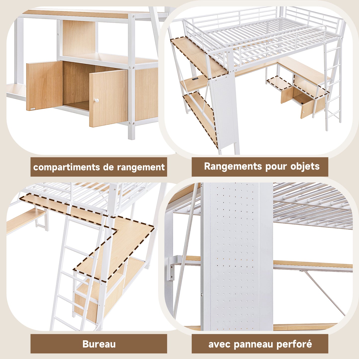 Loft Bed, 140 X 200 Cm, Iron Frame, With LED Light Strip, Desk, Storage Space, Several Shelves, Perforated Wall, USB Port, Without Mattress, White