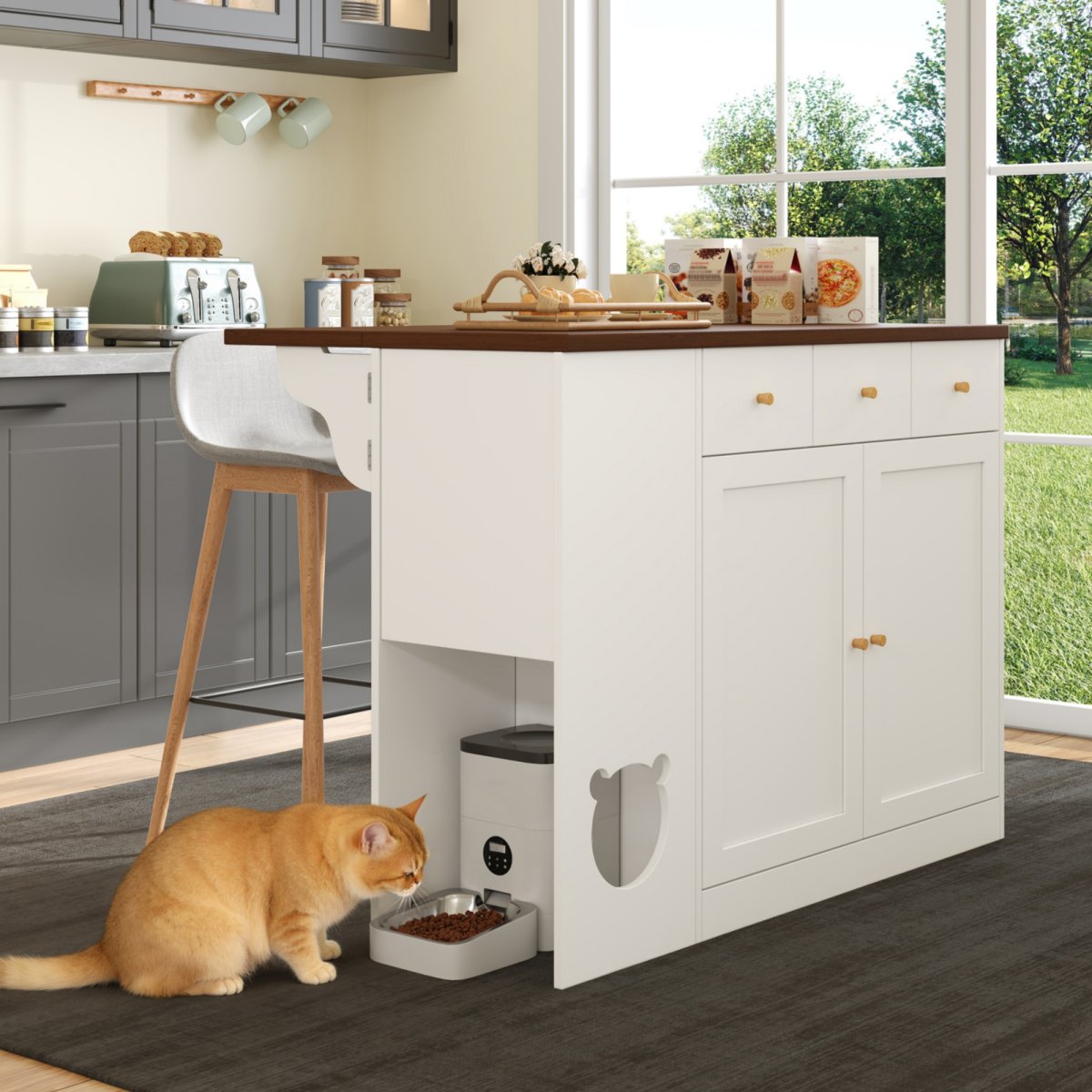 Kitchen Island, Kitchen Trolley & Sideboard With Drawers  With Pull-out Worktop, Spice Rack, Pet Eating Area  Without Cat Plate , White   Walnut Colour, 120x40 30 X90 Cm