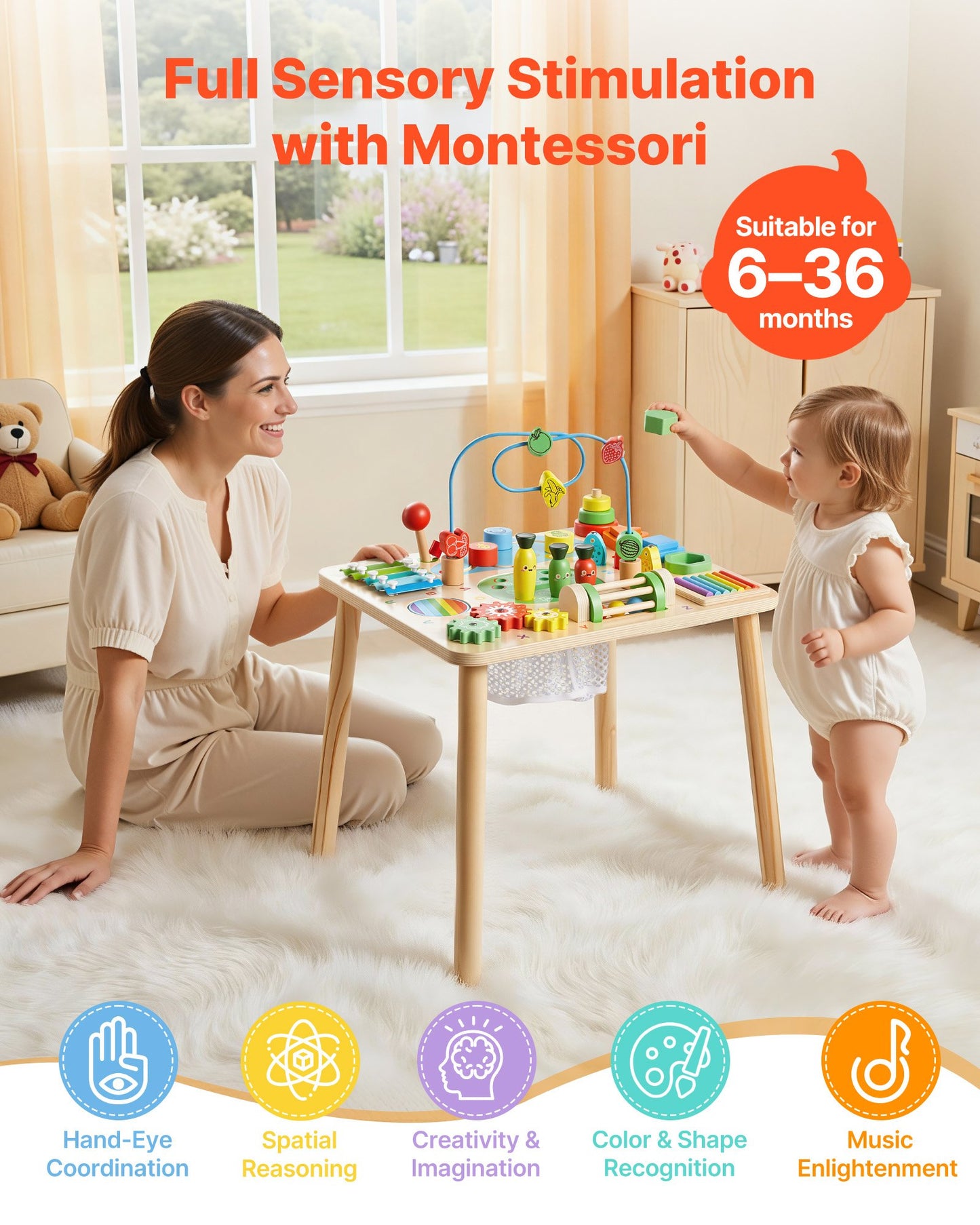 Montessori Activity Table For Toddler 1-3 Years Old, 13 In 1 Wooden Learn Activity Desk, Baby Play Table For Boys & Girls Aged 6+ Months, Great Birthday, Christmas, Children's Day Present