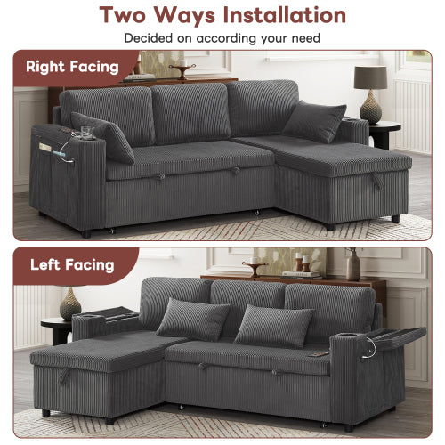 3 In 1 Convertible Corduroy Sofa Bed With Storage Chaise, L Shaped Sleeper Sofa Couches With Armrest Storage And Charging Station. Pullout Sectional Daybed For Living RoomBedroomOffice, Grey