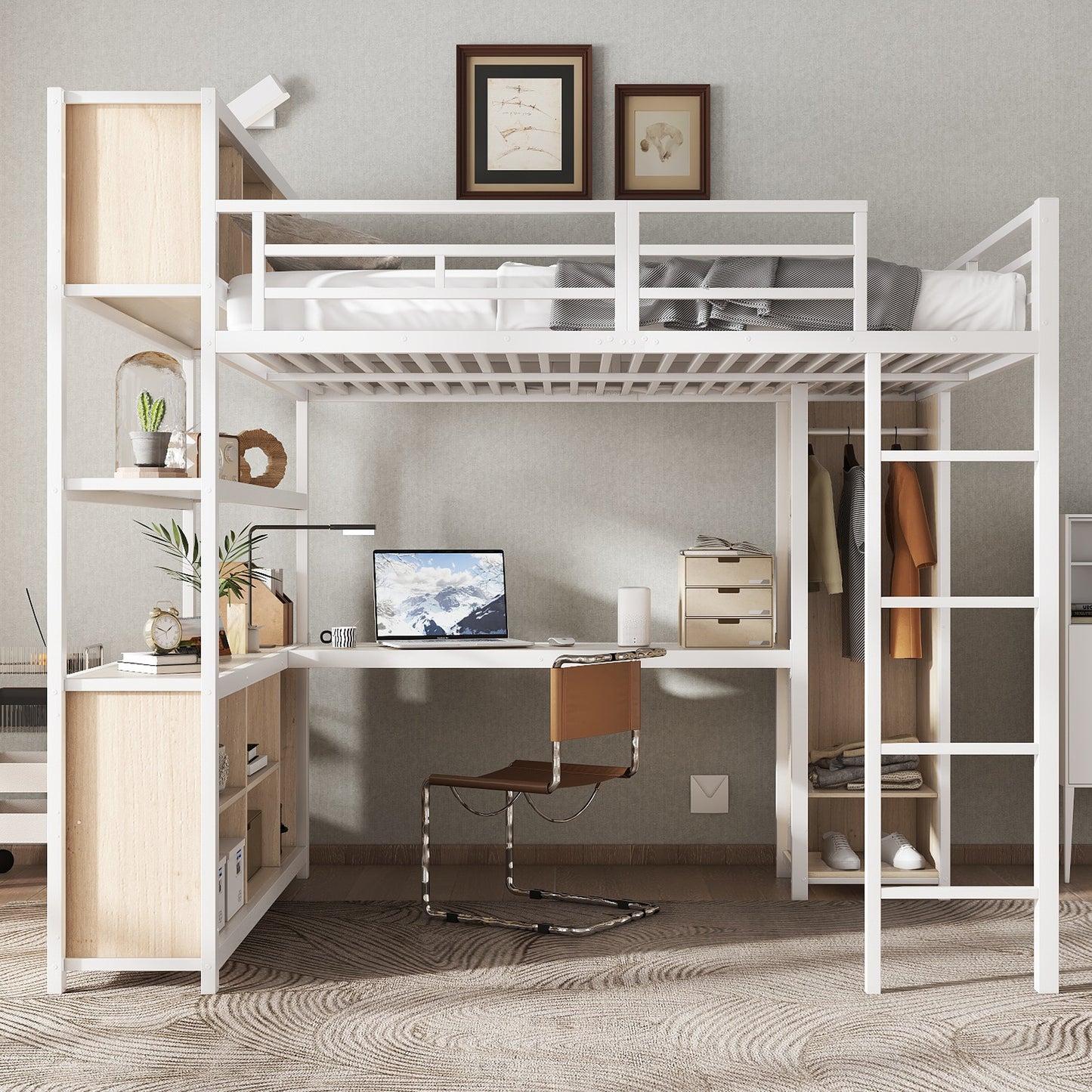 Iron Bed, Bunk Bed, Double-storey Storage Space Under The Desk, Upper Bed With Storage Space, With Wardrobe, Iron  Chipboard, White Natural, 140x200cm